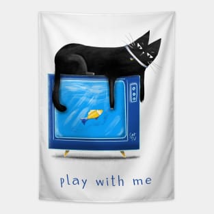 Cartoon black cat with a TV and a fish on the screen and the inscription "Play with me". Tapestry