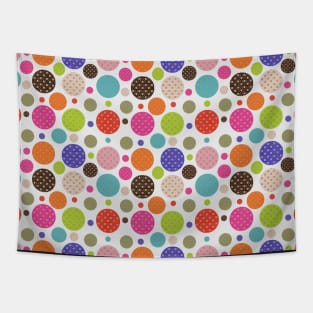Polkadot Party. Lots of colored polkadots in a bright and fun design. Each little polkadot also contains a retro style pattern. Tapestry
