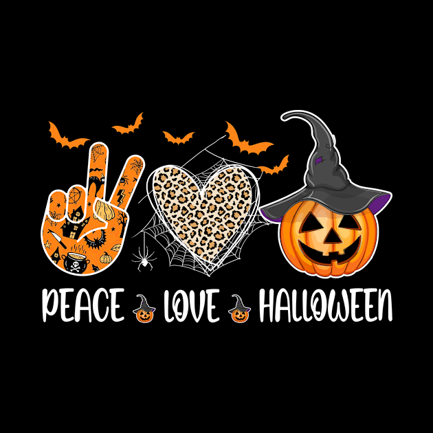 Peace Love Halloween Funny Halloween Costume Cool Pumpkin Shirt by Krysta Clothing