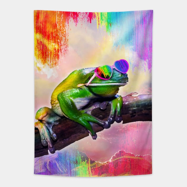 Rainbow Frog Wearing Love Heart Glasses Tapestry by Random Galaxy