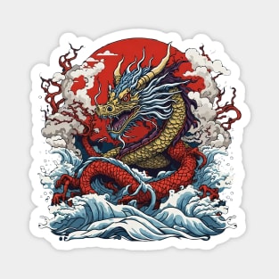 Dragon against the backdrop of a setting sun bathed in ocean waves Magnet