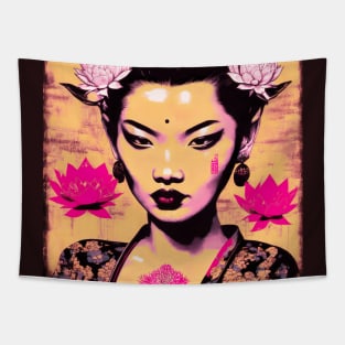 [AI Art] Nonexistent Asian woman with lotus flowers in the spirit of the works of Herman Brood Tapestry