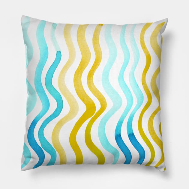 Wavy lines - yellow and aqua Pillow by wackapacka