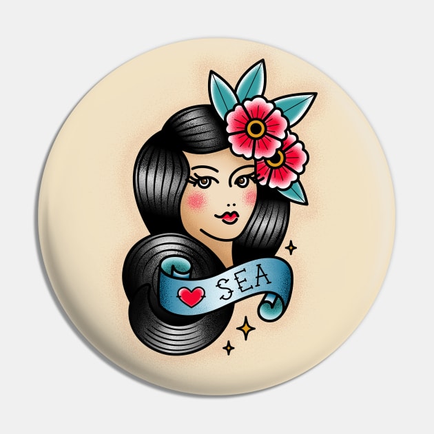 Girl Love Sea - Old School Tattoo Pin by Mia_Valdez