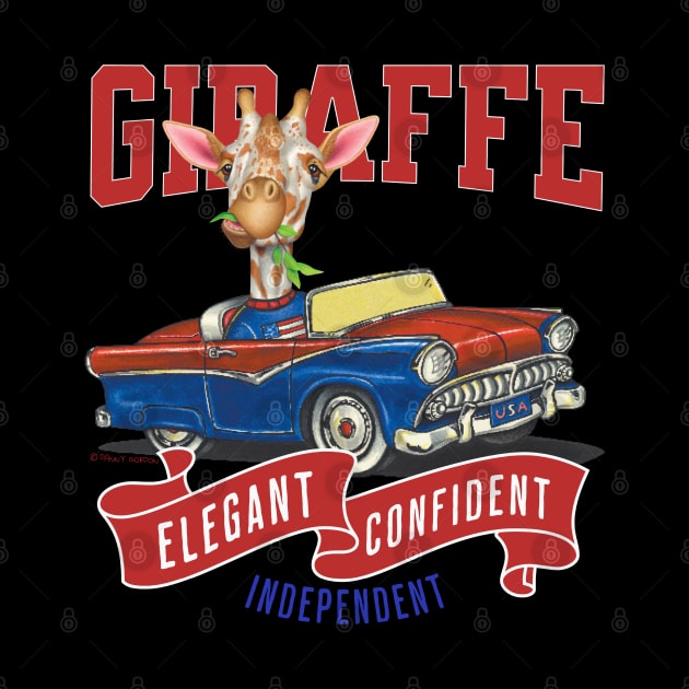 Humor funny Jerry the Giraffe driving vintage retro classic car with red white and blue banner for retro lovers automobile by Danny Gordon Art