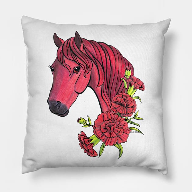 Garnet Horse With Red Carnation Flowers Pillow by lizstaley