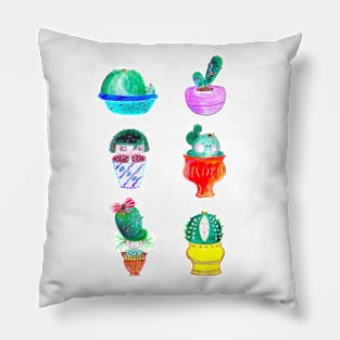 Cute Cactus Characters In Vases  Watercolor Illustration Pillow