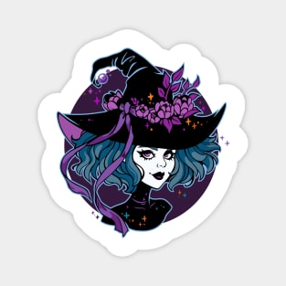 cute gothic witch wearing hat decorated with flowers Magnet