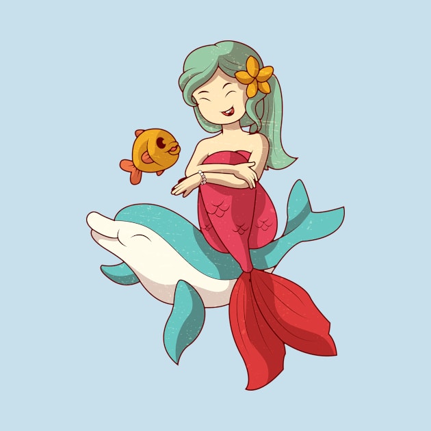 Beauty Mermain playing with Fish, Vintage Retro Style by BoyOdachi