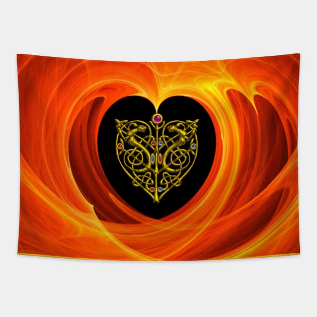 GOLD CELTIC KNOT HEART, LIZARDS IN BLACK ORANGE YELLOW FRACTAL WAVES Tapestry by BulganLumini