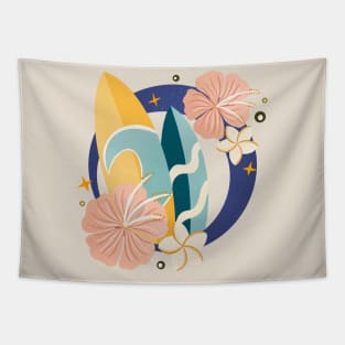 Blue and yellow surfboards and tropical flowers Tapestry