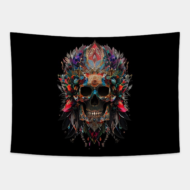 Skull and colorful feathers Tapestry by Dope_Design
