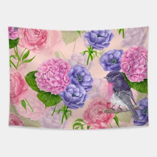 Robin and flowers, watercolor pattern Tapestry