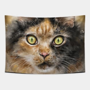 Painting of a Calico Tri-Color Fluffy Cat with Gorgeous Green Eyes Tapestry