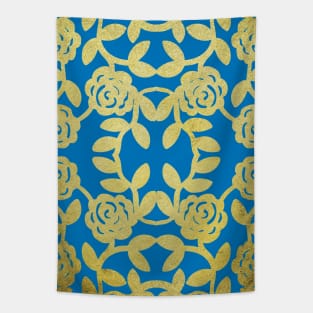 Floral Pattern Blue Gold Baroque Damask Tapestry