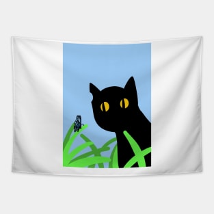 cute black cat and butterfly Tapestry
