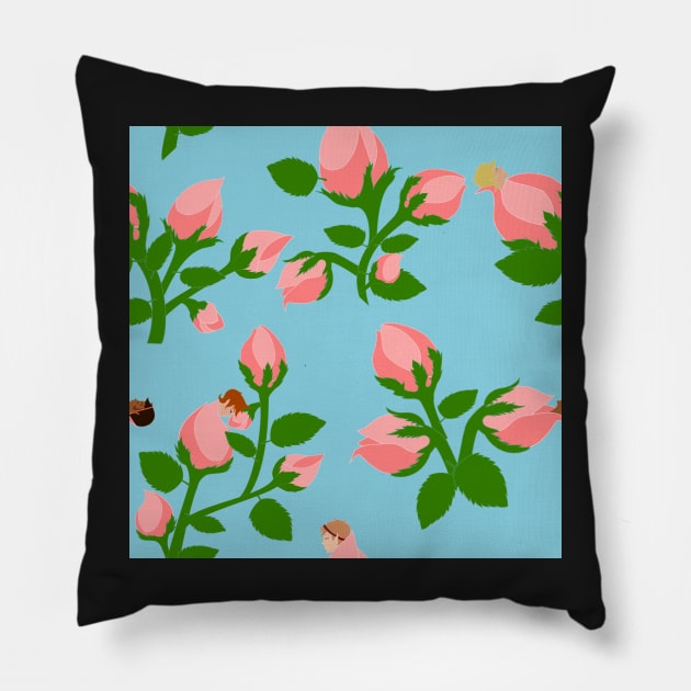 Sleeping Flower Bud Fairies - Blue Background Pillow by A2Gretchen