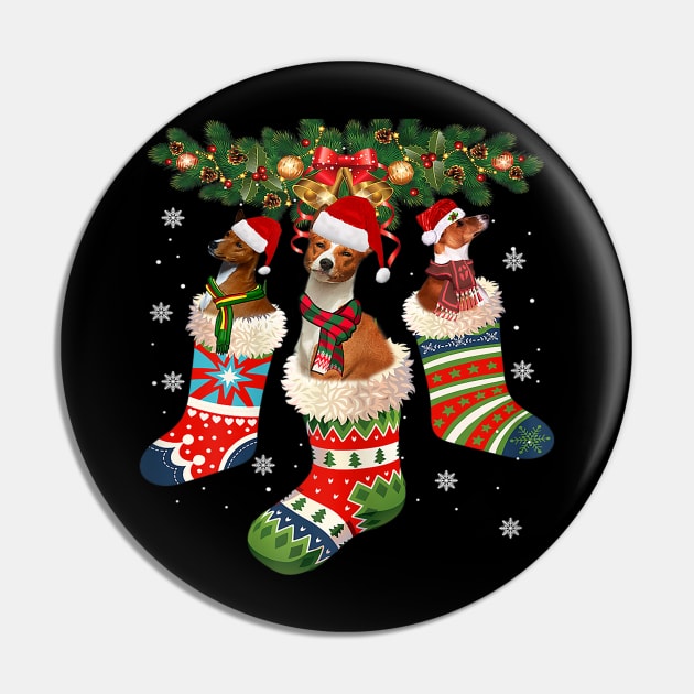 Three Basenji In Sock Christmas Santa Hat X Mas Dog Lover Pin by Barnard