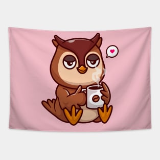 Cute Owl Drinking Coffee Cartoon Tapestry