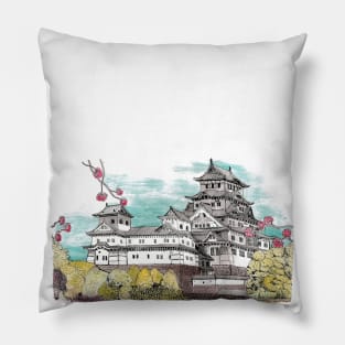 Osaka Castle Japan Color Illustration Pillow