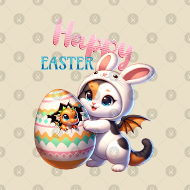 Happy Easter bunny cat with dragon baby by BrisaArtPrints