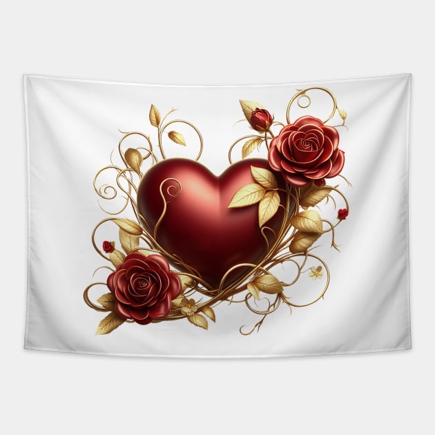 Valentines Day Red Heart, Red Roses, Golden Vines Tapestry by Amanda Lucas