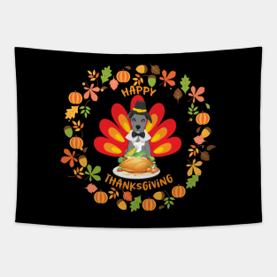 Happy Thanksgiving Blue Nose Pitbull Pup Turkey Fall Leaves Tapestry