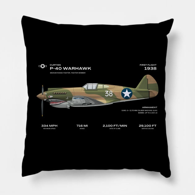 ww2 fighter plane curtiss p-40 warhawk aircraft world war 2 Pillow by Vae Victis