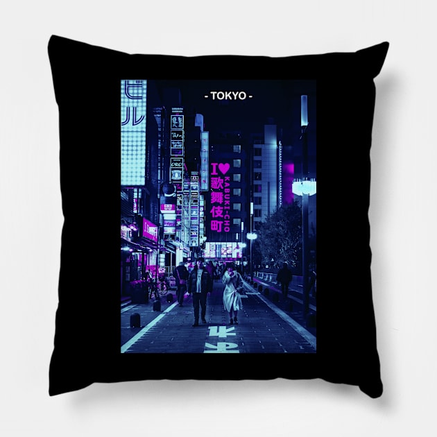 Tokyo Street Neon Synthwave Pillow by JeffDesign