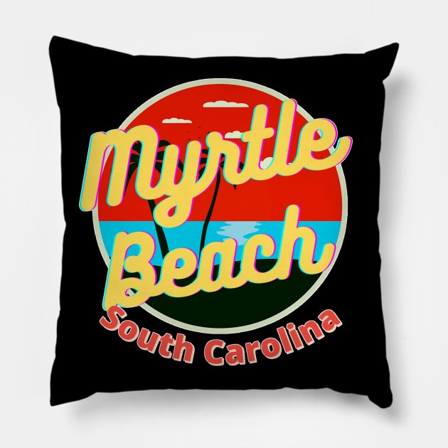 Myrtle Beach Retro Sunset Graphic Design Pillow by AdrianaHolmesArt