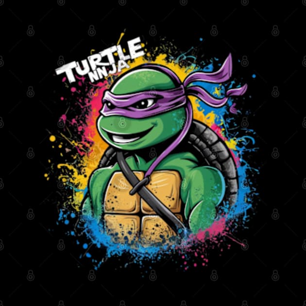 A striking and vibrant illustration of a ninja turtle, wearing a pair of sleek headphones by YolandaRoberts