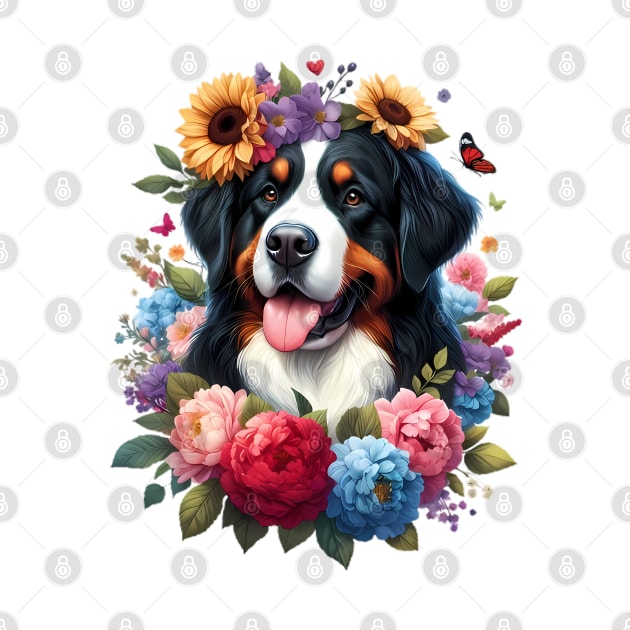 A Bernese Mountain Dog with beautiful colorful flowers by CreativeSparkzz