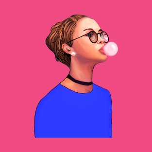 Hipster girl blowing a big bubble gum bubble. T-Shirt