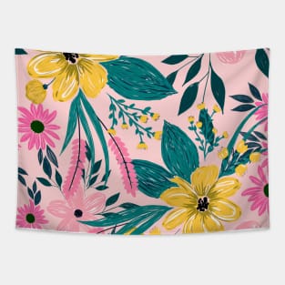 Pretty Pink Yellow Flowers Floral Tapestry