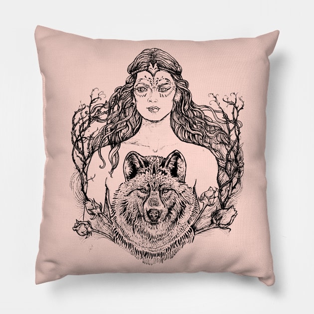 Woman with Wolf - Black and White Drawing Pillow by FanitsaArt