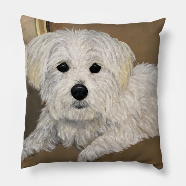 Maltese dog oil portrait. Little white dog with black button eyes and nose. Pillow by KarenZukArt