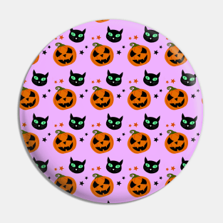 Halloween Orange pumpkin and black cat with green eyes pattern Pin