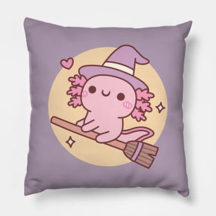 Cute Axolotl Witch Flying On A Broom Over The Moon Pillow