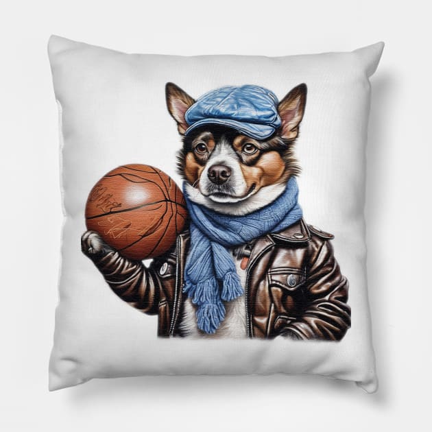 a dog wearing a leather jacket  and a hat holding a basketball ball Pillow by JnS Merch Store