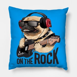 Pug dog on headphone playing guitar Pillow