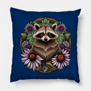 A Raccoon Surrounded By A Wreath Tennessee Purple Coneflower Pillow