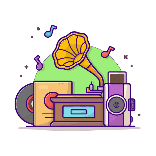 Old Music Player with Gramophone , Camera, and Vinyl Music Cartoon Vector Icon Illustration by Catalyst Labs