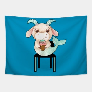 Kawaii Capricorn sitting on a chair and eating ice cream. Cute Capricorn gift idea Tapestry