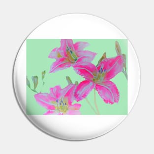 Pink Lily Flowers floral Watercolor Painting Mint Green Pin