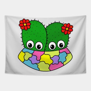 Cute Cactus Design #314: Cacti Couple With Flowers In Pretty Pot Tapestry