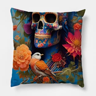 Enchanting and Surreal - Beautiful Birds flowers and skull art Pillow