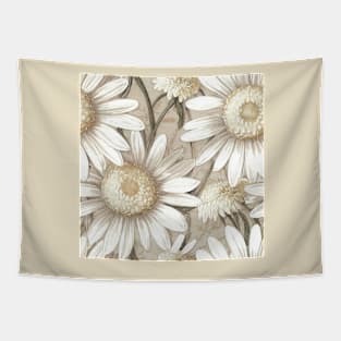 Antique Vintage White Ivory Daisy Floral Illustration Tapestry