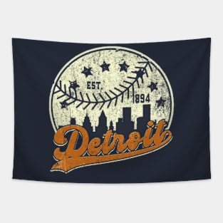 Distressed Detroit Downtown Skyline Baseball Tapestry