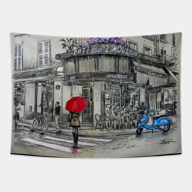 Blue scooter Paris Tapestry by Loui Jover 