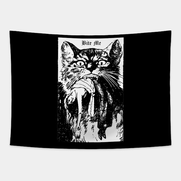 Bite Me Gothic Cat Black Halloween Horror Cult Shirt Mug Tapestry Sticker Pin + More Tapestry by blueversion